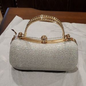 Hot Tomato Silver Crystal-Embellished Evening Clutch with Gold Accents